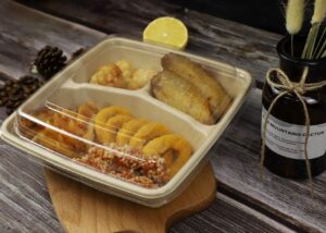 ECOPULP Biodegradable Bagasse Meal Plate Square 3 Compartment with Pet Lid 1000 ml