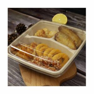 ECOPULP Biodegradable Bagasse Meal Plate Square 3 Compartment with Pet Lid 1000 ml