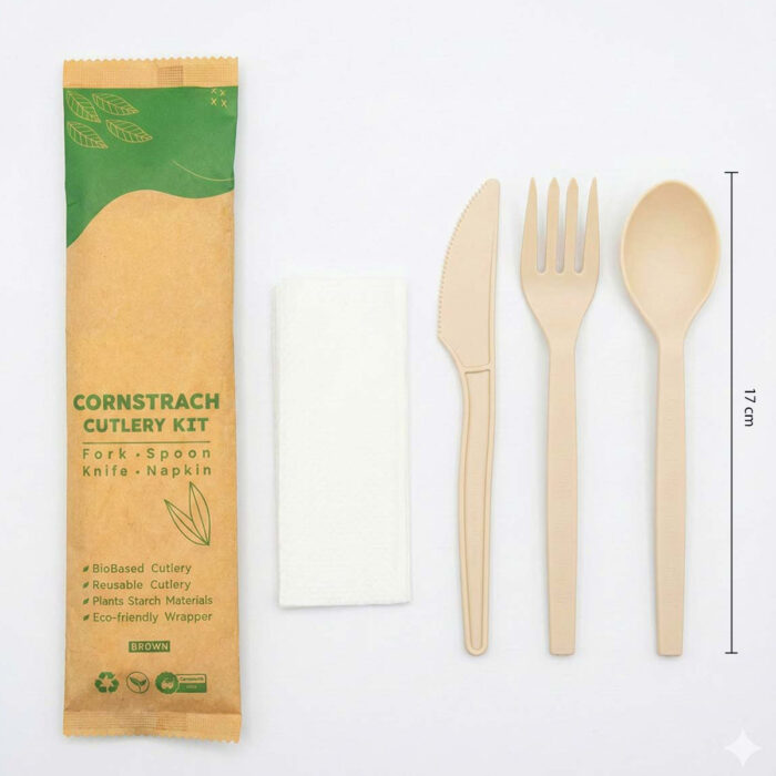 7909-3__cultery set 4 in 1 – PSM corn Starch – brown